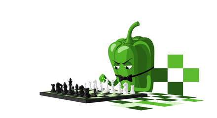 Strategic Pepper: A Green Vegetable Competes in a Chess Match on a Board