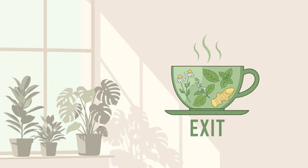Steaming Cup Of Herbal Tea Next To Potted Plants And Bright Sunshine Through The Window