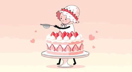Strawberry Cake Creation: Charming Illustration of Culinary Delight and Sweetness of Design
