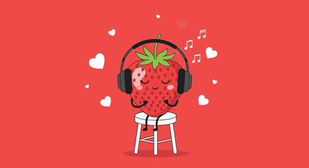 Strawberry Character Enjoying Music With Headphones, Cute, Musical Notes and Love