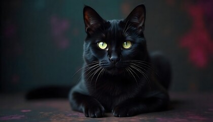 Mysterious black cat with striking green eyes gazes intently, captivating with its sleek fur and elegant pose.
