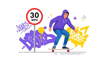 Street Skater Alongside A Speed Limit Sign With Graffiti Art Background Illustration