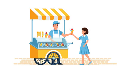 Street Vendor Selling Ice Cream To A Young Woman Near A Vibrant Yellow Cart