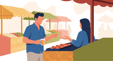 Street Vendor Transaction: A Man Buys Drinks and Food in Illustrative Scene at the Market