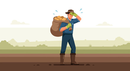 Stressed Farmer Carrying a Sack Potatoes on Rural Land Exhausted From Work, Harvest