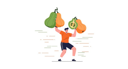 Strong Person Shows Autumn Harvest With Colorful Vegetables Illustration Art