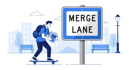 Student Navigates Merge Lane Sign, Balancing Books And Transportation On Skateboard Path
