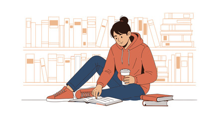 Student Reading Books with Coffee in a Library Depicting Study, Education, and Academia
