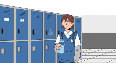 Student Standing in School Corridor Holding Water Bottle Near Blue Lockers Simple Illustration