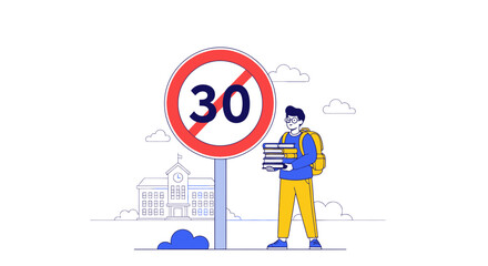 Student Navigating School Zones with Road Sign Symbolism and Academic Pursuits
