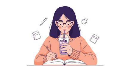 Student Studying And Drinking Bubble Tea With Focus And Deep Concentration