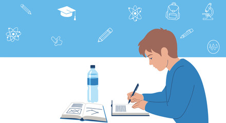 Student Studying And Analyzing Information With Pens, Books, Water And Education Symbols