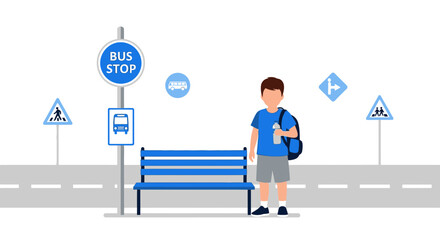 Student Waiting At A Bus Stop With Blue Design And Modern Minimalist Style Scene