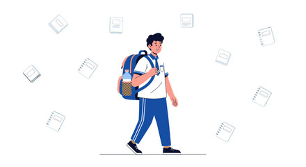Student Walking To School With Backpack And Notebooks, Vector Illustration, Going To Class