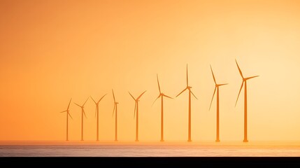 Offshore wind farm at sunset silhouettes of turbine 
