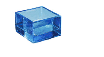 A stylized, translucent, blue cube of ice