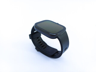 Smart fitness watch or smartwatch with black strap isolated on white background