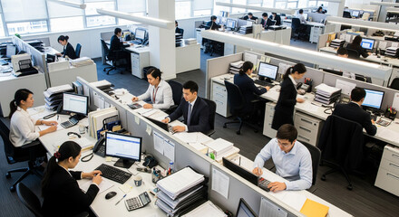 Busy workplace office with employees working on computers and desks, busy environment