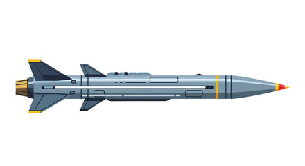 Stylized illustration of a gray and blue missile with aerodynamic design and yellow details, isolated on white backround symbolizing military