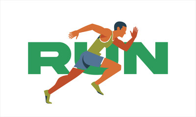 A dynamic, stylized illustration of a male athlete sprinting forward in colorful athletic gear.