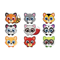 Six cute cartoon raccoons in different colors and poses