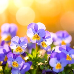 Vibrant pansy blossoms in a radiant sunlight display a cheerful spring scene.