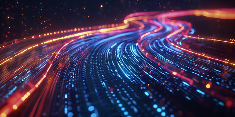 Winding blue and orange light streaks converge futuristic dynamic flow dark cosmic digital abstract ambiance