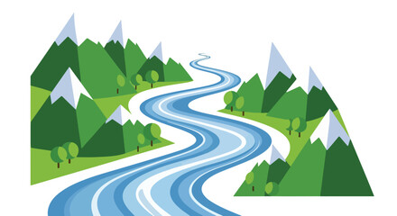 Stylized winding river illustration flowing through cartoon-style mountain peaks and forests, a scenic and calming natural environment backdrop