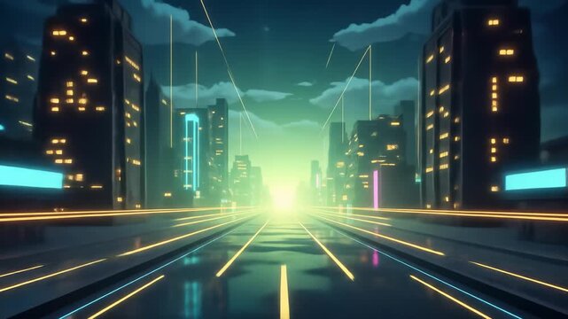 Futuristic cityscape neon lights glowing lines and buildings night, digital art urban modern vibrant skyline with reflections, energetic atmosphere, cyberpunk empty street, sci fi architecture