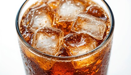 Cold refreshing soda drink with ice cubes in transparent glass, fizzy sweet beverage, chilled summer refreshment, sparkling carbonated drink