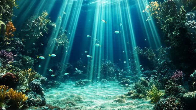 Underwater Coral Reef Sunlight Rays Fish Coral.