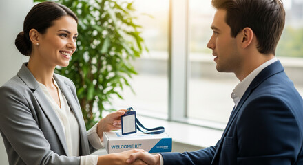 Formal handshake between two colleagues, exchanging a welcome kit