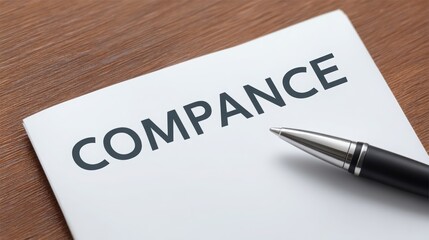 Notepad with "COMPANCE" written on it alongside a pen on a wooden surface.