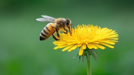 A bee pollinates a vibrant yellow flower in a lush green setting.