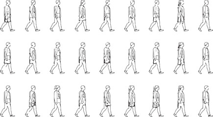 Walking Man Poses – Character, Manga, Motion, Walking Cycle, Line Art, Illustration, Human, Male, Comic, Step, Movement, Pose Pack