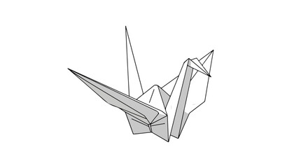 A precisely folded origami crane, rendered in monochrome on a stark white background with clean lines and geometric precision offering minimalist