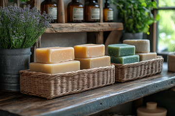 Basket of soaps and soap bars on shelf.