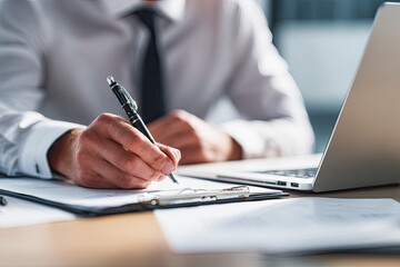 Close-up of a person in a white shirt and tie writing on a clipboard at a desk