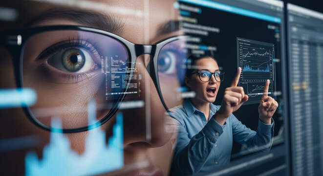 Focused businesswoman analyzes complex data on a large monitor, highlighting her engagement and expertise in technology