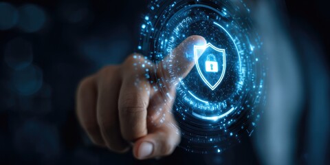 A hand interacts with a holographic security shield and lock icon
