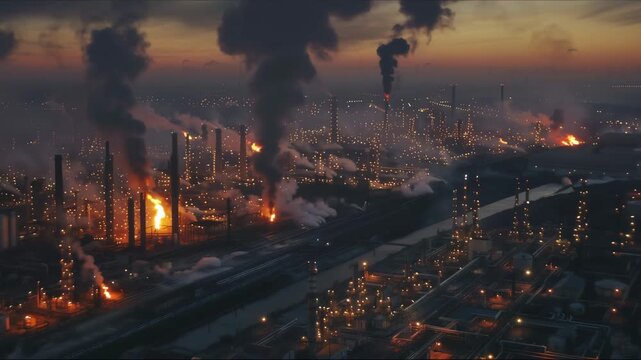 factory after the explosions. Fire after an explosion at night. Black smoke from the fire. Natural disaster. Release of chemicals into the atmosphere. Ecology, environmental pollution.
