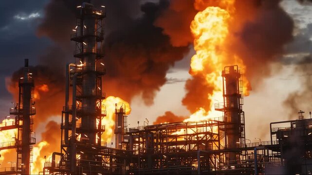 factory after the explosions. Fire after an explosion at night. Black smoke from the fire. Natural disaster. Release of chemicals into the atmosphere. Ecology, environmental pollution.