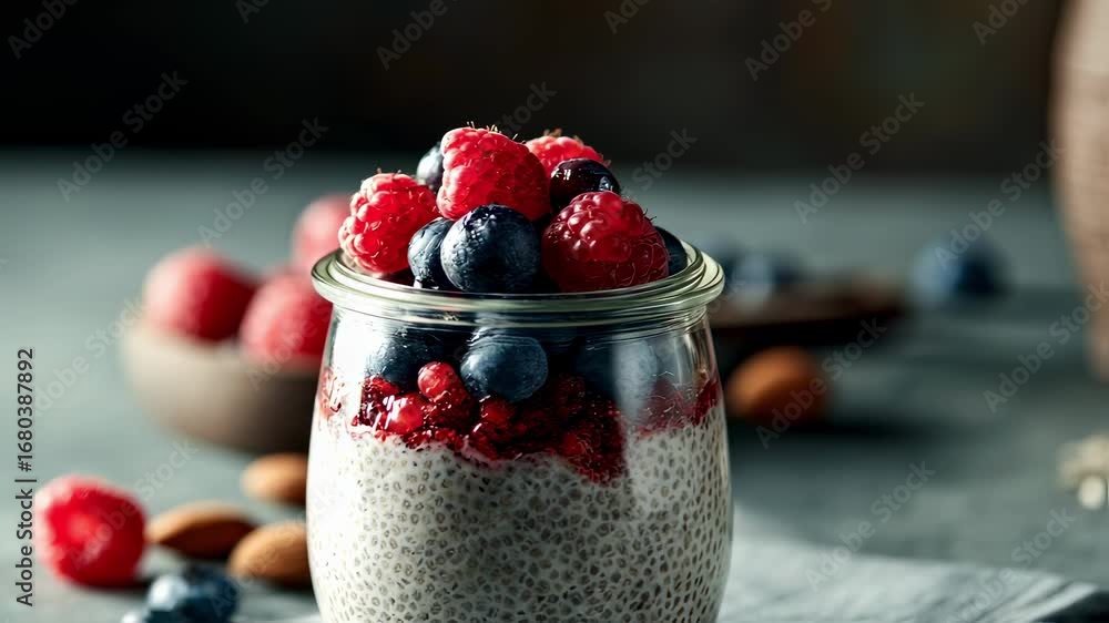 Poster crisp medium shot of a mason jar with layered chia pudding topped with berries sharp focus on seed t