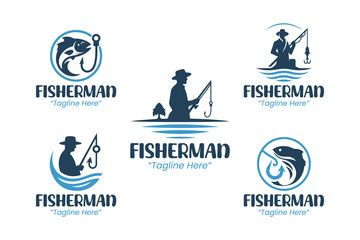Modern minimalist 5 fisherman logo set for fishing business, seafood industry, and outdoor branding.