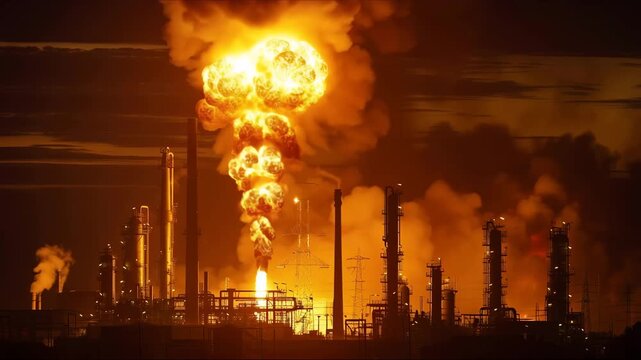 factory after the explosions. Fire after an explosion at night. Black smoke from the fire. Natural disaster. Release of chemicals into the atmosphere. Ecology, environmental pollution.