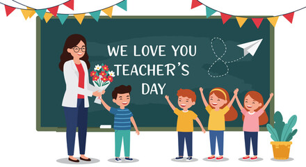 Happy Teachers Day Celebration with Students and Flowers