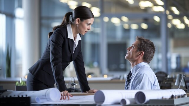 Businesswoman with a focused mood reviewing blueprints with a male colleague against a modern office background