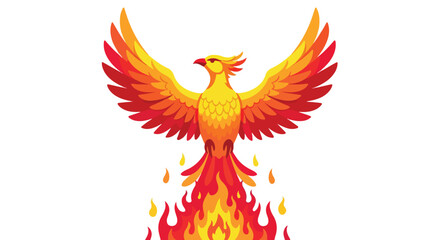 Obraz premium Vibrant phoenix illustration, radiating warmth and power, rising from flames on a clean white background, depicting transformation and hope