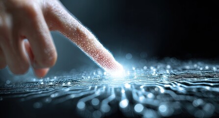 A fingertip touches a glowing circuit board, showcasing digital technology