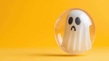 Halloween popart funny cartoon ghost toy sphere sadness floats over yellow background playful mood minimal style